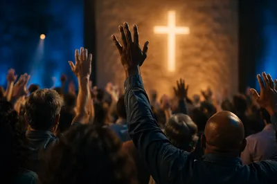 Diverse Congregation Worshiping Beneath Glowing Cross