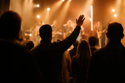 Diverse Congregation Worshiping in Warm Church Hall