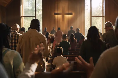 Diverse Congregation Worshiping in Wooden Chapel