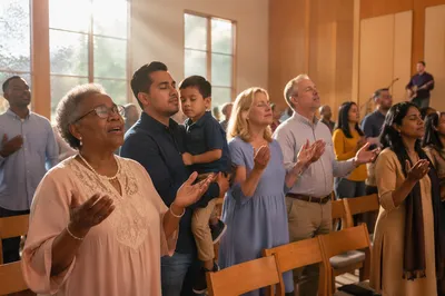Diverse Congregation Worshiping in Bright Church Hall