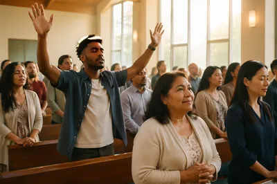 Diverse Congregation in Bright Church Sanctuary
