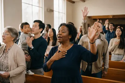 Diverse Congregation Worship in Bright Sanctuary
