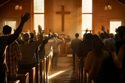 Diverse Congregation Worshiping in Wooden Chapel