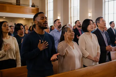 Diverse Congregation Worshiping in Bright Sanctuary