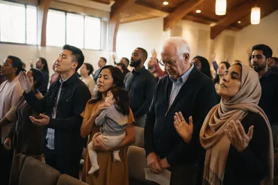 Diverse Congregation Singing in Modern Church Hall