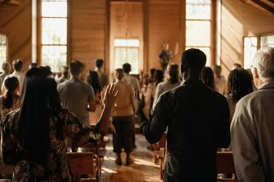 Diverse Congregation Worshiping in Sunlit Sanctuary
