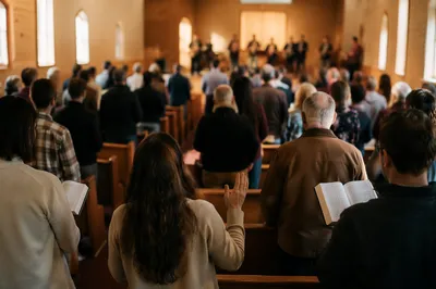 Diverse Congregation Worshiping in Wooden Sanctuary