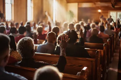Diverse Congregation Worshiping in Wooden Sanctuary