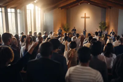 Diverse Congregation Worshiping in Sunlit Chapel