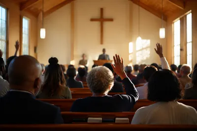 Diverse Congregation Worshiping in Wooden Chapel