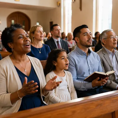 Diverse Congregation Singing in Bright Sanctuary