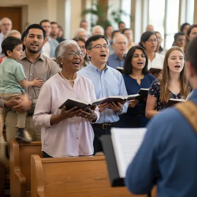 Diverse Congregation Singing in Bright Sanctuary