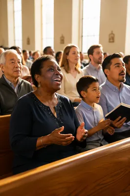 Diverse Congregation Singing in Bright Sanctuary