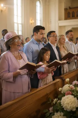 Diverse Congregation Singing in Bright Sanctuary