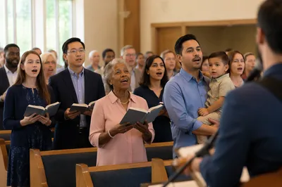 Diverse Congregation Singing in Bright Sanctuary