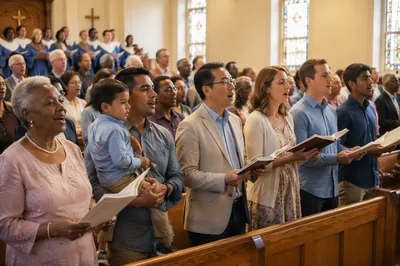 Diverse Congregation Singing in Church Interior