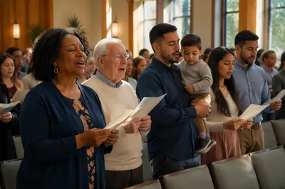 Diverse Congregation Singing in Bright Church Hall