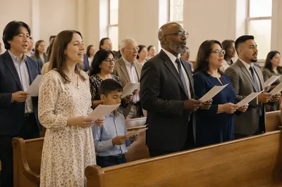 Diverse Congregation Singing in Bright Sanctuary