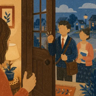 Hopeful Door-to-Door Church Outreach at Dusk