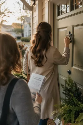 Church Volunteers Knocking in Suburban Neighborhood