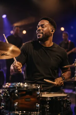 Black Drummer Performing on Church Stage