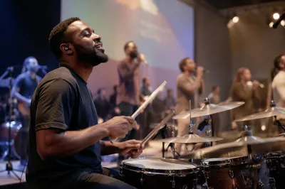 Drummer Leading Worship Band on Stage