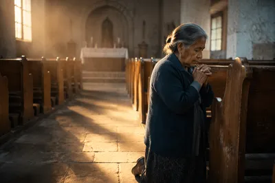 Elderly Woman Praying in Quiet Church