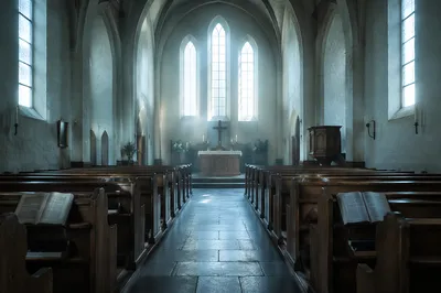 Empty Church Interior at Dawn Light