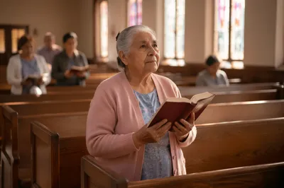 Elderly Woman Holding Hymnal in Church