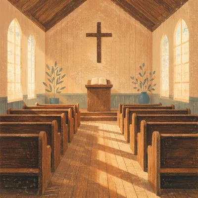 Empty Wooden Church Sanctuary in Morning Light