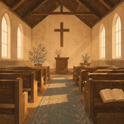 Empty Wooden Church Sanctuary in Morning Light