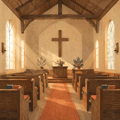 Empty Wooden Church Sanctuary in Morning Light