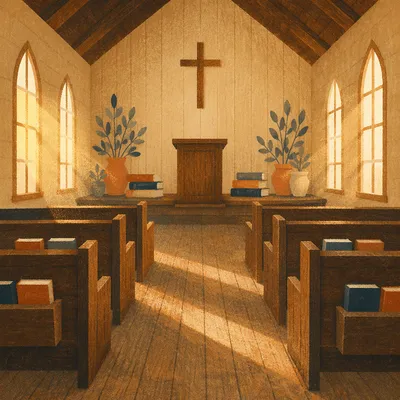 Empty Wooden Church Sanctuary in Morning Light