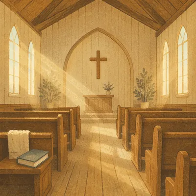 Empty Wooden Church Sanctuary in Morning Light