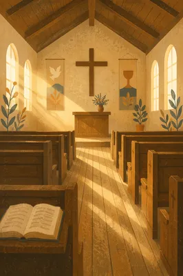 Empty Wooden Church Sanctuary in Morning Light