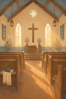Empty Wooden Church Sanctuary in Morning Light