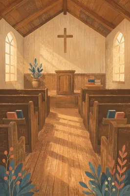 Empty Wooden Church Sanctuary in Morning Light