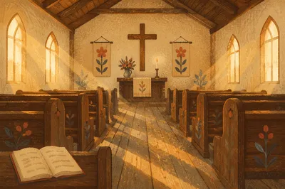 Empty Wooden Church Sanctuary in Morning Light