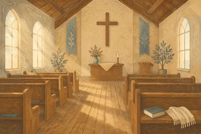 Empty Wooden Church Sanctuary in Morning Light