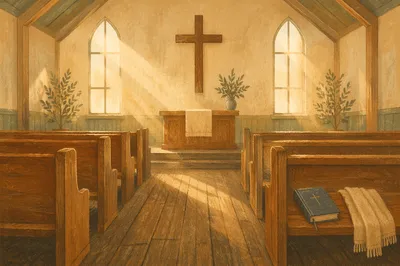 Empty Wooden Church Sanctuary at Morning Light