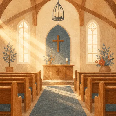Quiet Sanctuary Morning Light and Wooden Pews