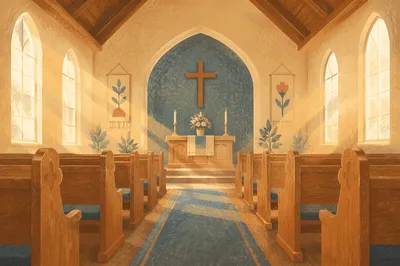 Empty Sanctuary with Morning Sunlit Pews