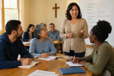 Adult ESL Class in Church Room