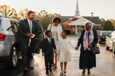 Family Arriving at Church Parking Lot