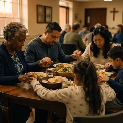 Family Holding Hands in Prayer at Dinner