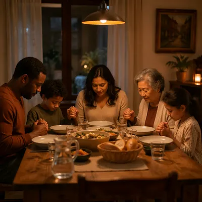 Multigenerational Family Praying Before Dinner