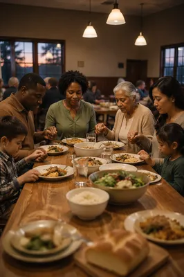 Family Holding Hands Around Dinner Table