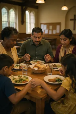 Multigenerational Family Praying Before Dinner Together