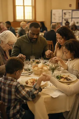 Diverse Family Holding Hands at Dinner