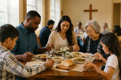 Family Holding Hands in Prayer Before Meal